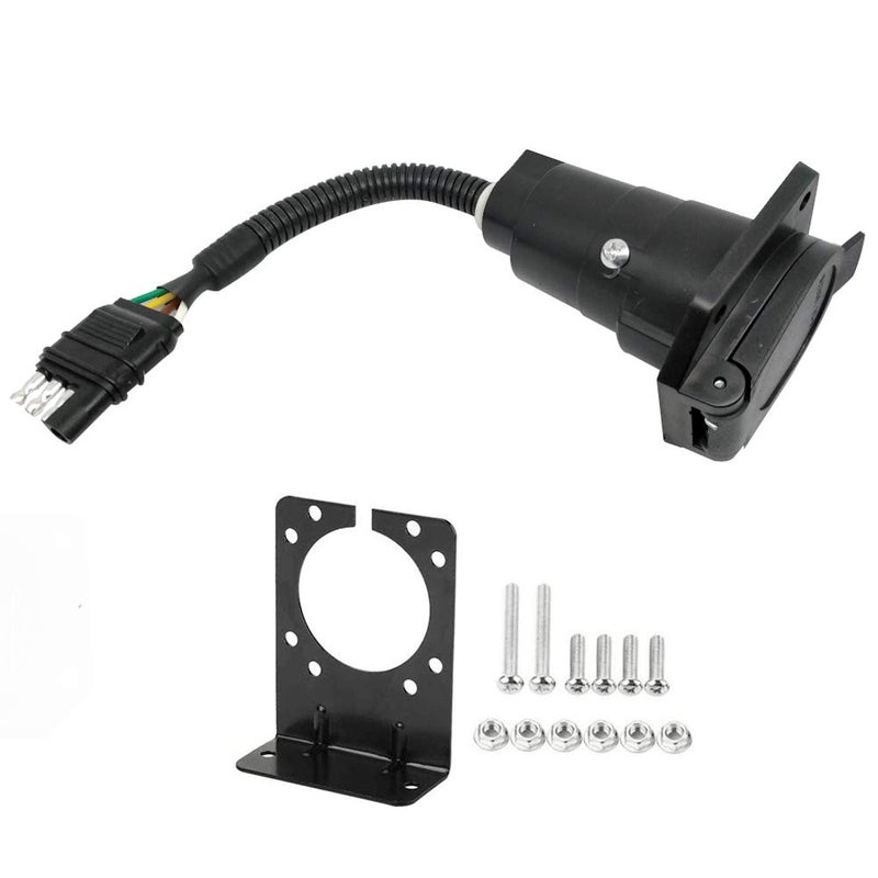NEW SUN 4 Pin to 7 Pin Trailer Adapter 4 Way Flat to 7 Way Round RV Trailer Blade Socket Adapter with Mounting Bracket - Image 1